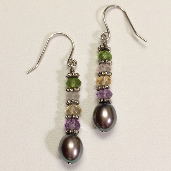 Gray Pearl, Crystal, & Sterling Dangle Earrings - Picture 1 of 7